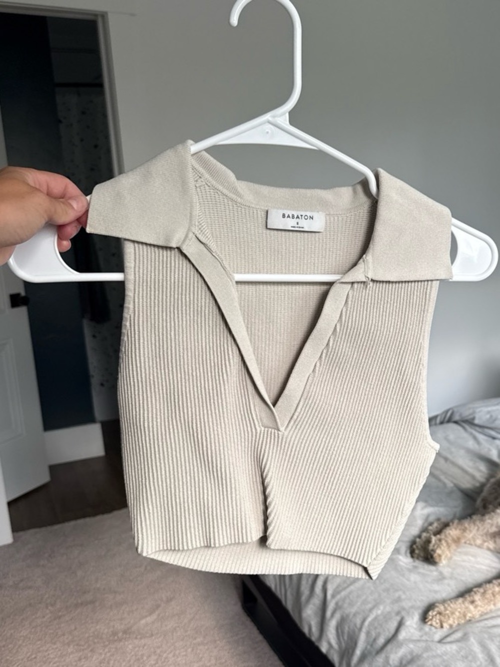 Babaton Ribbed Sleeveless Collared V-Neck Tank in Light Beige